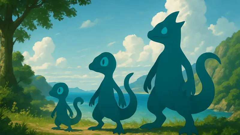 Фан-арт эволюционной линии покемона Gecqua из Pokemon Winds and Waves, созданный художником.