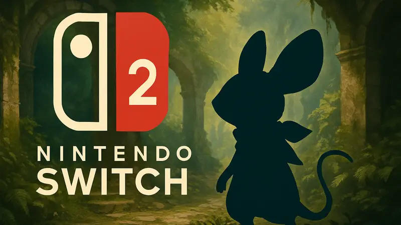 Мышонок Куилл из игры Moss: The Forgotten Relic на фоне логотипа Nintendo Switch 2.