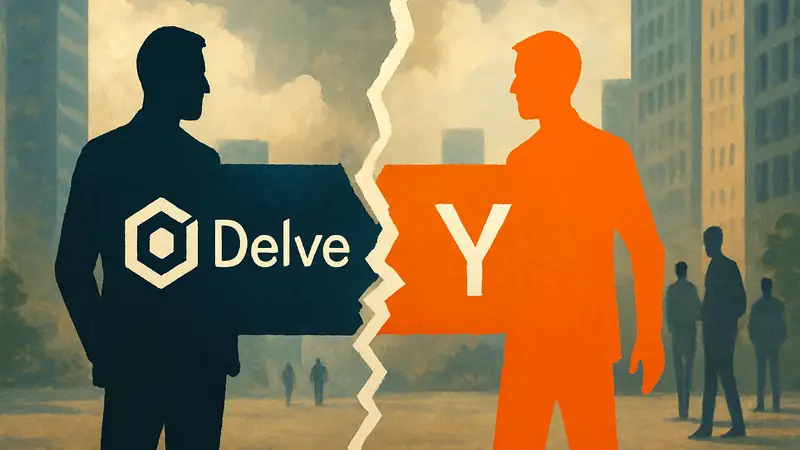Логотипы Delve и Y Combinator, символизирующие прекращение сотрудничества между стартапом и акселератором.