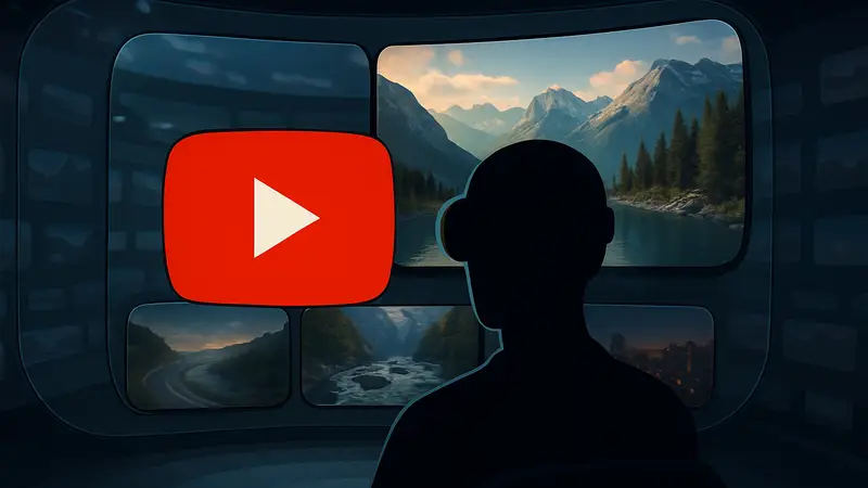 Логотип YouTube на фоне интерфейса Apple Vision Pro, демонстрирующего просмотр видео в VR.