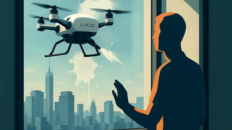 Дрон Lucid Bots моет окно высотного здания на фоне городского пейзажа.