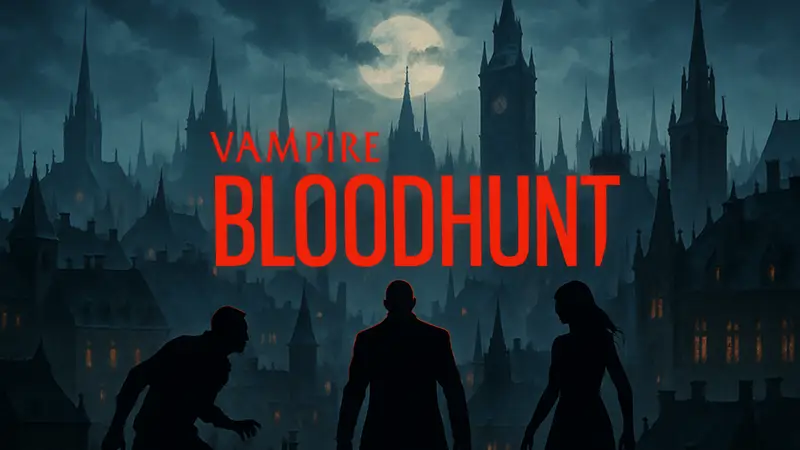 Логотип Vampire: The Masquerade Bloodhunt на фоне готического города