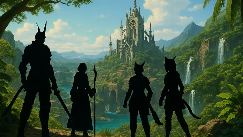 Скриншот из Final Fantasy 14, персонажи готовятся к сражению или исследуют новую локацию Dawntrail