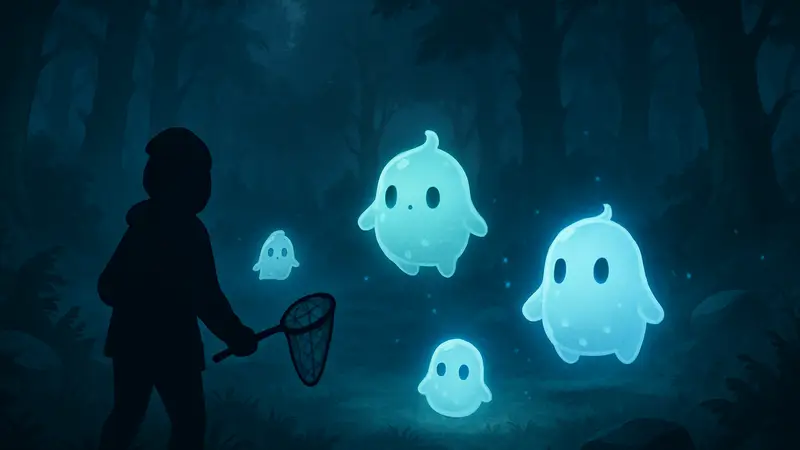 Soul Blobs в игре Moonlight Peaks: прозрачные существа в туманном ночном лесу
