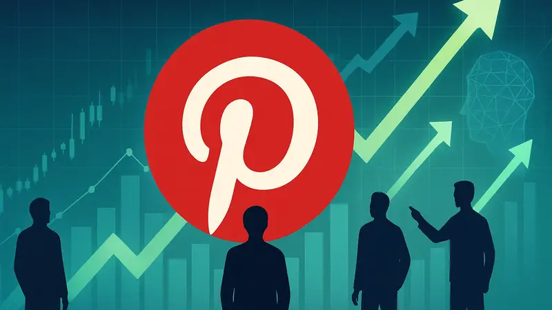 Логотип Pinterest на фоне графиков роста, символизирующий инвестиции и ИИ.