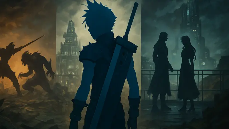 Изображение: Клауд Страйф из Final Fantasy VII Remake с Мечом Разрушителем на фоне изменившихся сюжетных сцен.