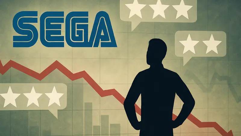 Логотип Sega и график падения продаж на фоне хороших оценок игр.