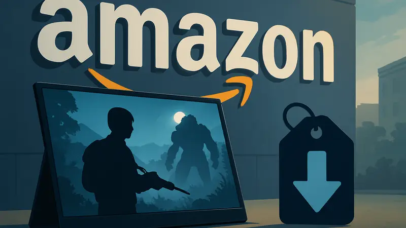 Портативный игровой монитор с диагональю 16.1 дюйма на фоне логотипа Amazon, демонстрирующий низкую цену.