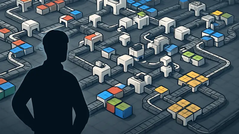 Shapez 2 геймплей: строительство автоматизированной фабрики с цветными блоками и конвейерами