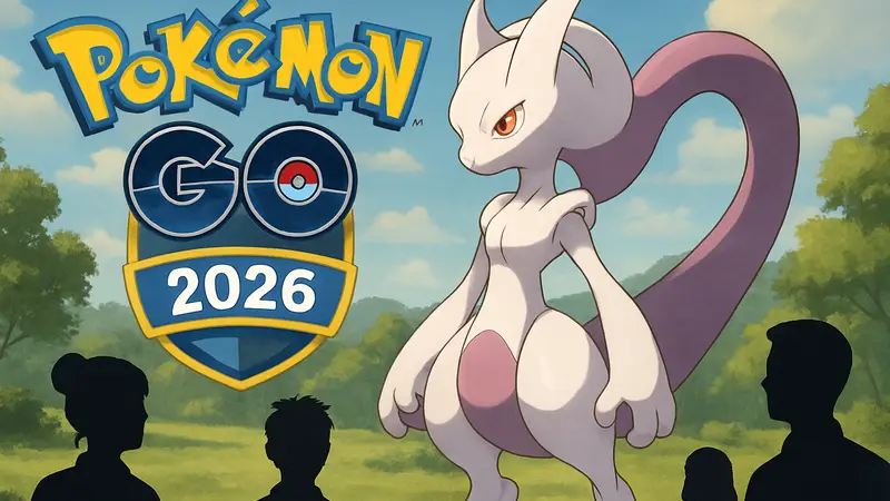 Изображение Мега-Мьюту на фоне логотипа Pokémon Go и Go Fest 2026, символизирующее его скорое появление в игре.