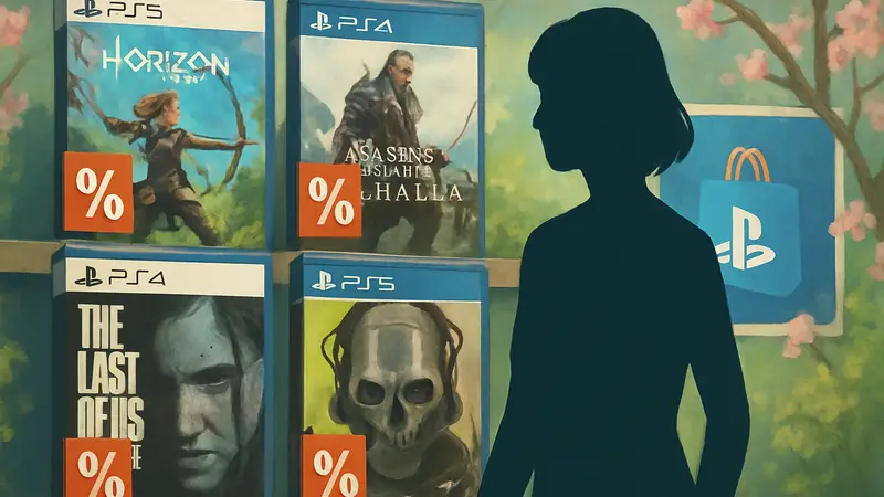 Обложки игр для PS5 и PS4 со скидками на фоне логотипа PlayStation Store, весенняя распродажа