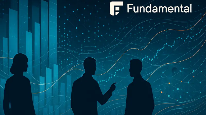 Футуристическая инфографика, демонстрирующая потоки больших данных и их анализ, с логотипом Fundamental.