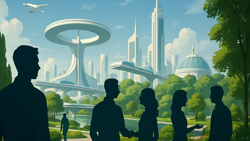 Скриншот из игры D-Topia, персонажи в футуристическом утопическом городе.