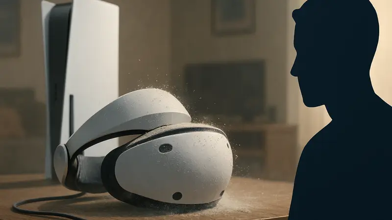 Гарнитура Sony PSVR2, лежащая без дела и собирающая пыль, на фоне PS5
