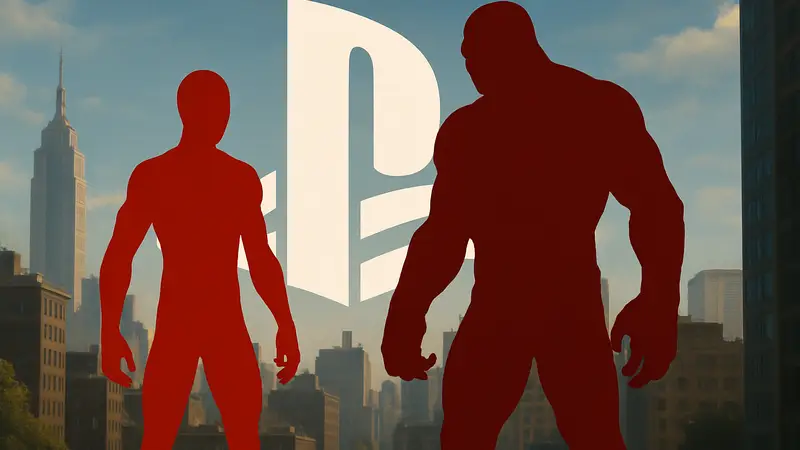 Персонажи Spider-Man 2 на фоне логотипа PlayStation, символизирующего эксклюзивность игры и отсутствие версии для Xbox.