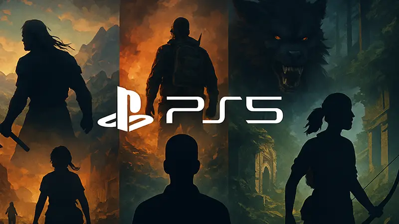 Изображение с логотипом PlayStation 5 на фоне множества новых игр.