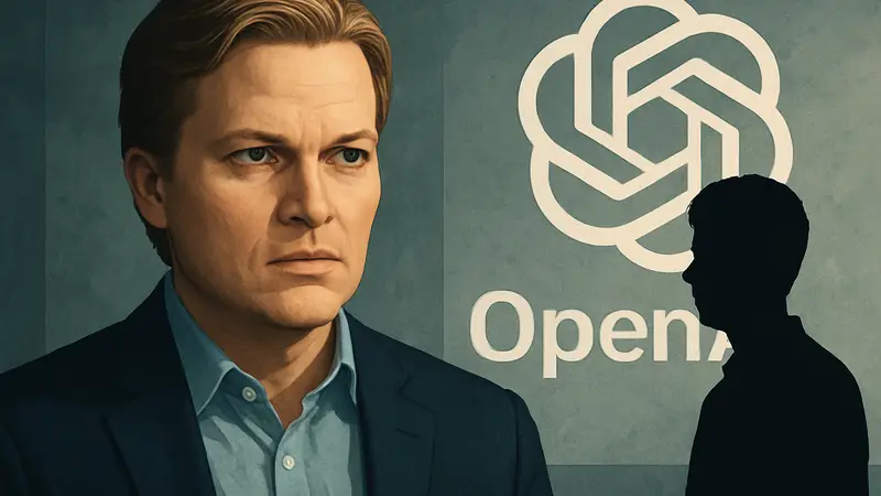 Портрет Ронана Фэрроу на фоне логотипа OpenAI, символизирующий расследование в сфере искусственного интеллекта.