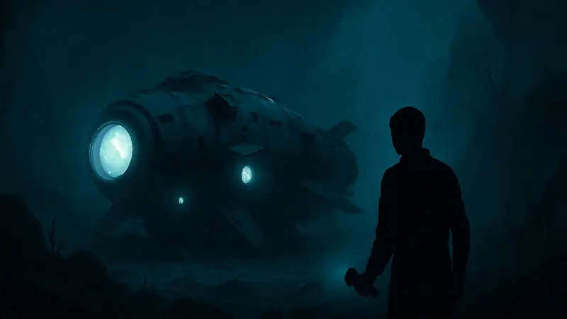 Космический корабль на дне океана в хоррор-игре Blind Descent, на фоне темного подводного пейзажа.