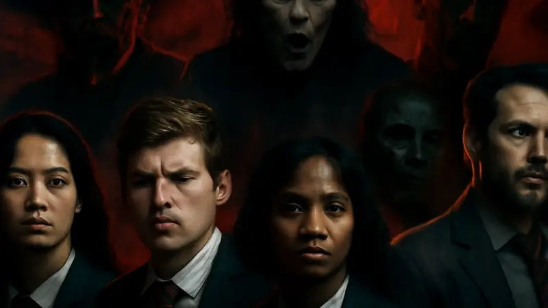 Постер 3 сезона сериала "Призраки школы" с мрачной атмосферой, изображающий новых злодеев и актёров.
