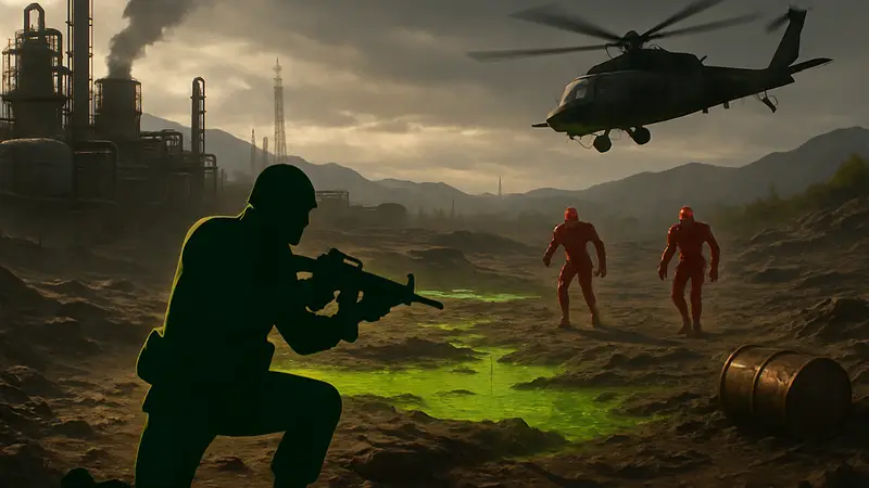 Игровой скриншот из Delta Force, демонстрирующий радиоактивную карту, врагов-терминаторов и вертолет.