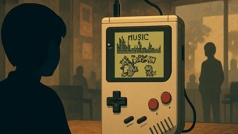 Пиксельный арт музыкального плеера в стиле Game Boy, играющего музыку из Pokémon Red и Blue.