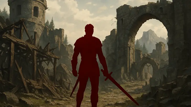 Главный герой Gothic Remake с мечом на фоне руин старого лагеря