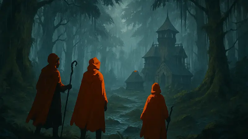 Герои в плащах в дождливом лесу из тизера новой выживалки Eremite Games по Against The Storm
