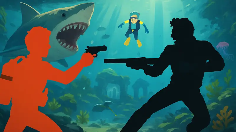 Кадр из короткометражки по игре Dave the Diver, где режиссер Sharknado смешивает юмор и экшен.