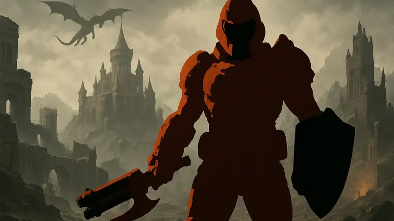 Обложка Doom The Dark Ages с узнаваемым Думгаем и оружием