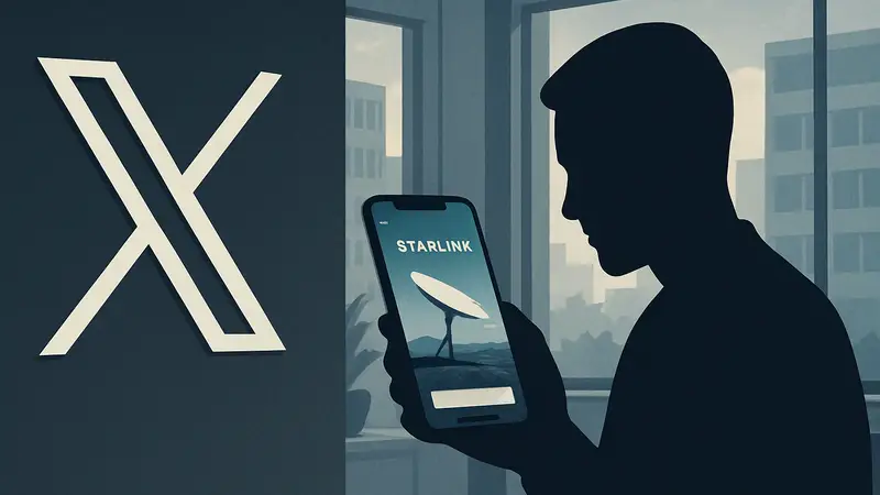 Логотип X (бывший Twitter), рекламный баннер Starlink в приложении X, новый формат рекламы в соцсети