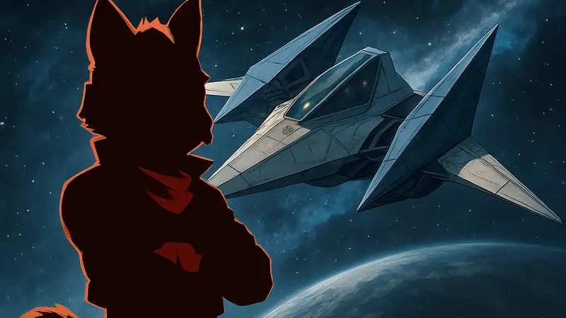 Фокс МакКлауд из Star Fox на фоне космического корабля Arwing