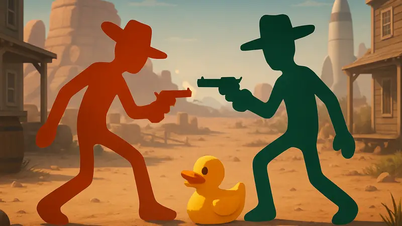 Кадр из игры Gumslinger 2: Ducks & Nukes, демонстрирующий бой двух желатиновых персонажей с резиновой уткой.