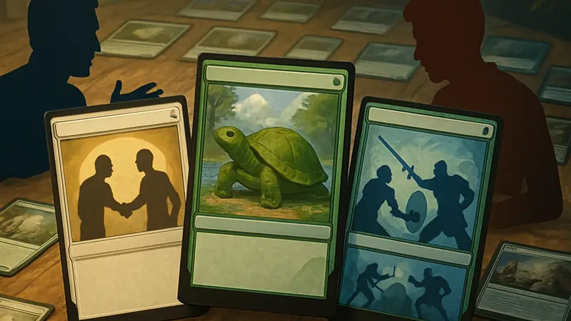 Игровые карты Magic: The Gathering с элементами кооперативной игры и черепахой как символом мода Turtle Team-Up