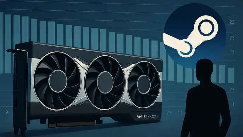Видеокарта AMD 9070 XT и логотип Steam Hardware Survey на фоне статистики GPU.