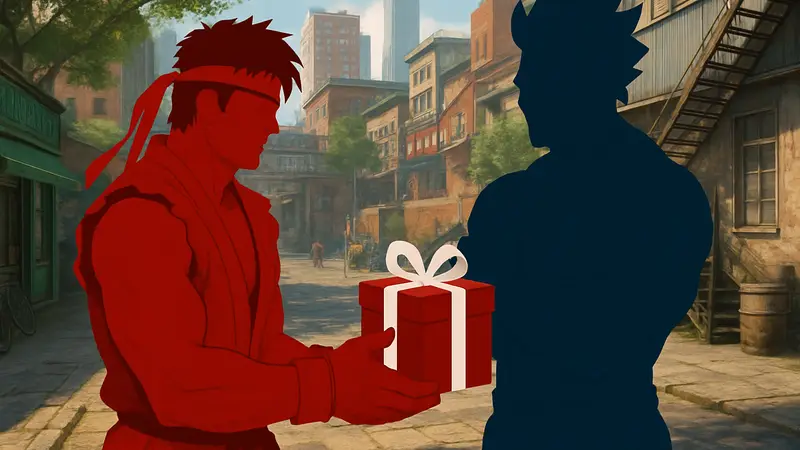 Главный герой Street Fighter 6 дарит подарок одному из мастеров в режиме World Tour.