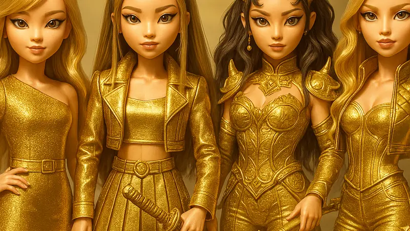 Фигурки или куклы KPop Demon Hunters от Mattel в золотых или блестящих нарядах, демонстрирующие детали дизайна.