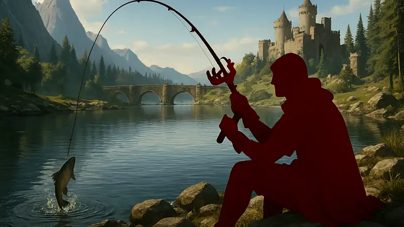 Игрок Crimson Desert ловит рыбу с удочкой Коготь. Гайд по уникальной удочке.