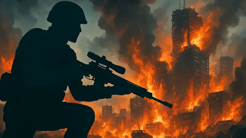 Игрок с DMR-винтовкой в Battlefield 6 на фоне пылающего города