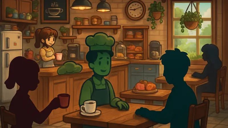 Игровой скриншот Pixel Café с милыми персонажами и элементами кафе