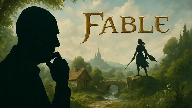 Питер Молиньё смотрит на логотип Fable, в