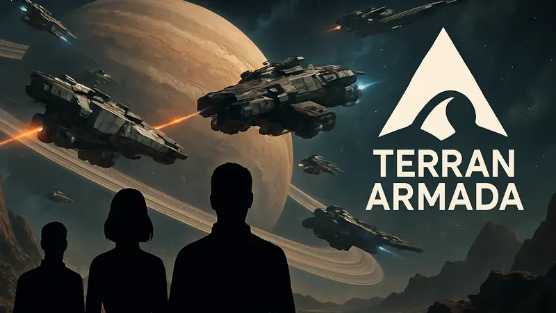 Космические корабли Starfield сражаются в новой локации из DLC Terran Armada, рядом с логотипом дополнения.
