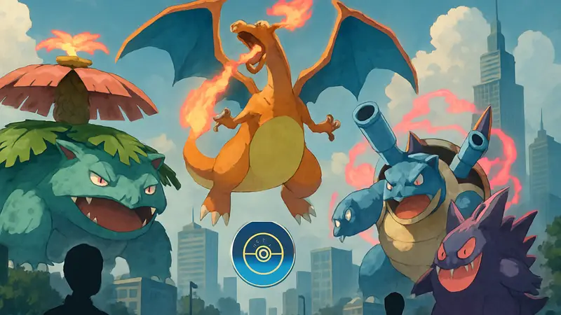 Гигантамакс формы Venusaur, Charizard, Blastoise и Gengar в Pokémon Go на фоне города.