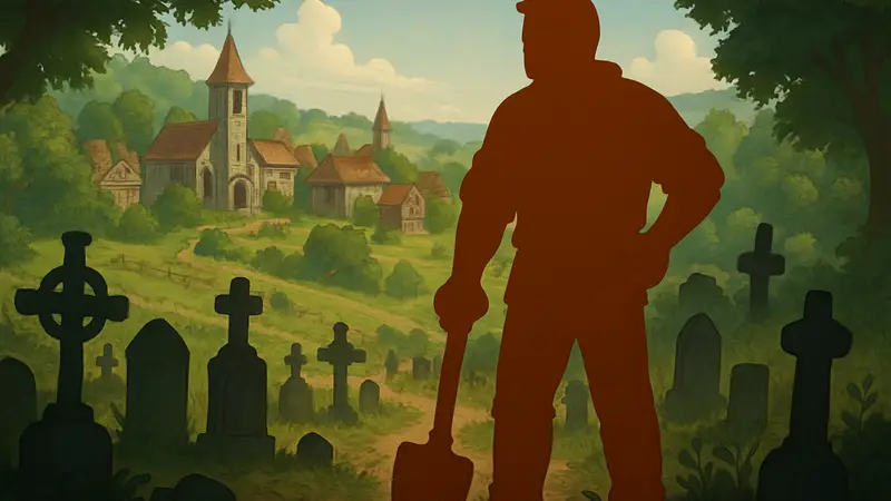 Главный герой Graveyard Keeper стоит у могил, на заднем плане видно средневековое поселение.