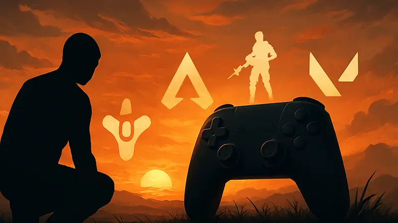 Закат Live Service игр, иллюстрация с контроллером и логотипами игр-сервисов.