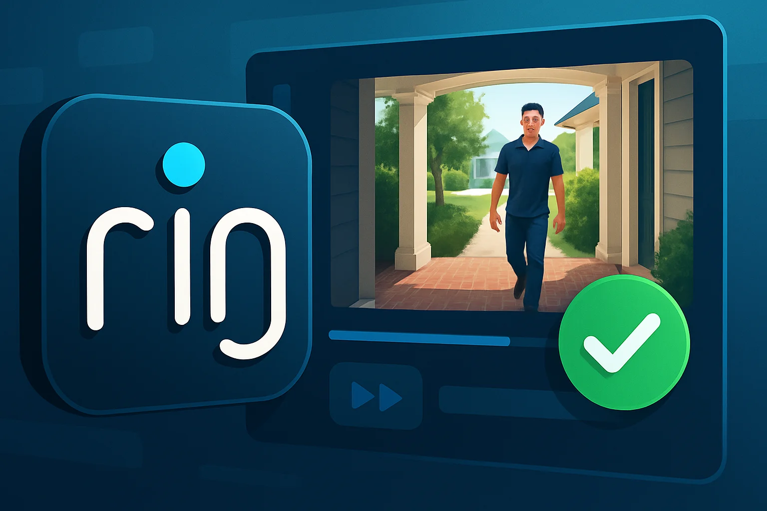 Логотип Ring на фоне интерфейса, показывающего видеозапись с индикатором верификации