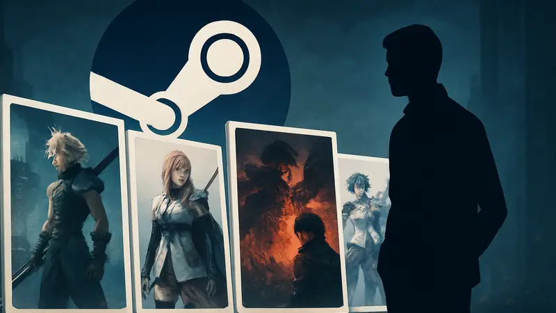 Изображение обложек игр Final Fantasy на фоне логотипа Steam, символизирующее распродажу со скидками.