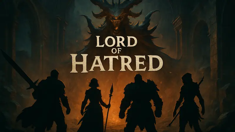 Скриншот Diablo 4 с героями, готовящимися к битве, на фоне логотипа Lord of Hatred.