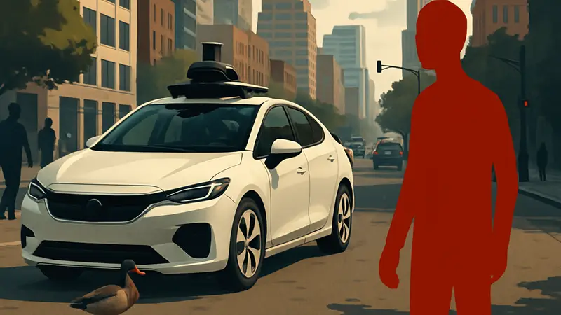 Беспилотный автомобиль на дороге в городе, символ технологии и проблемы безопасности