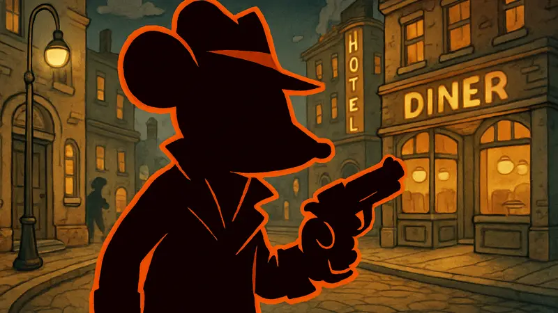 Главный герой Mouse PI For Hire — мышь-детектив в нуарном стиле, держащий пистолет, на фоне стилизованной под Cuphead локации.