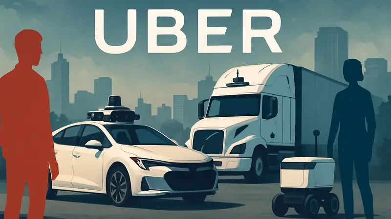 Логотип Uber на фоне автономного автомобиля, беспилотного грузовика и робота-доставщика